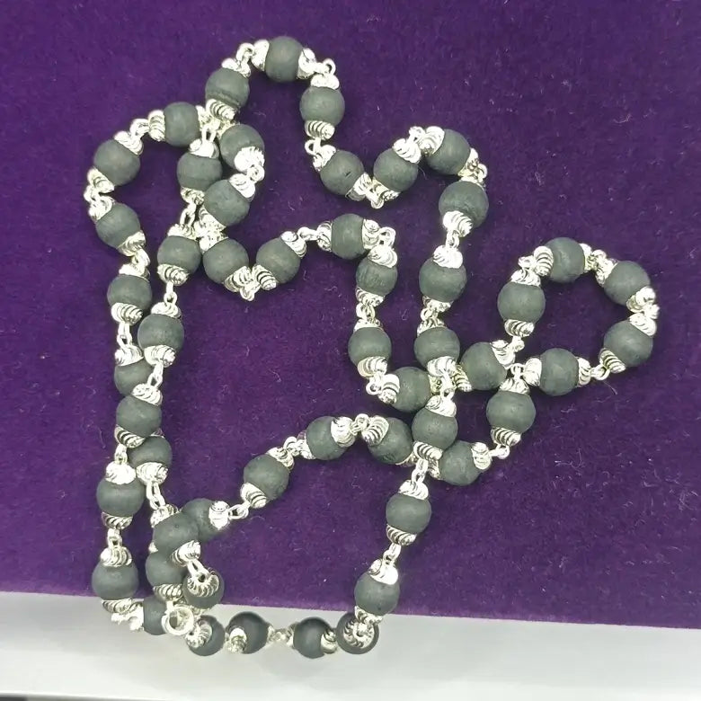 Black Tulsi Mala with Silver Capping