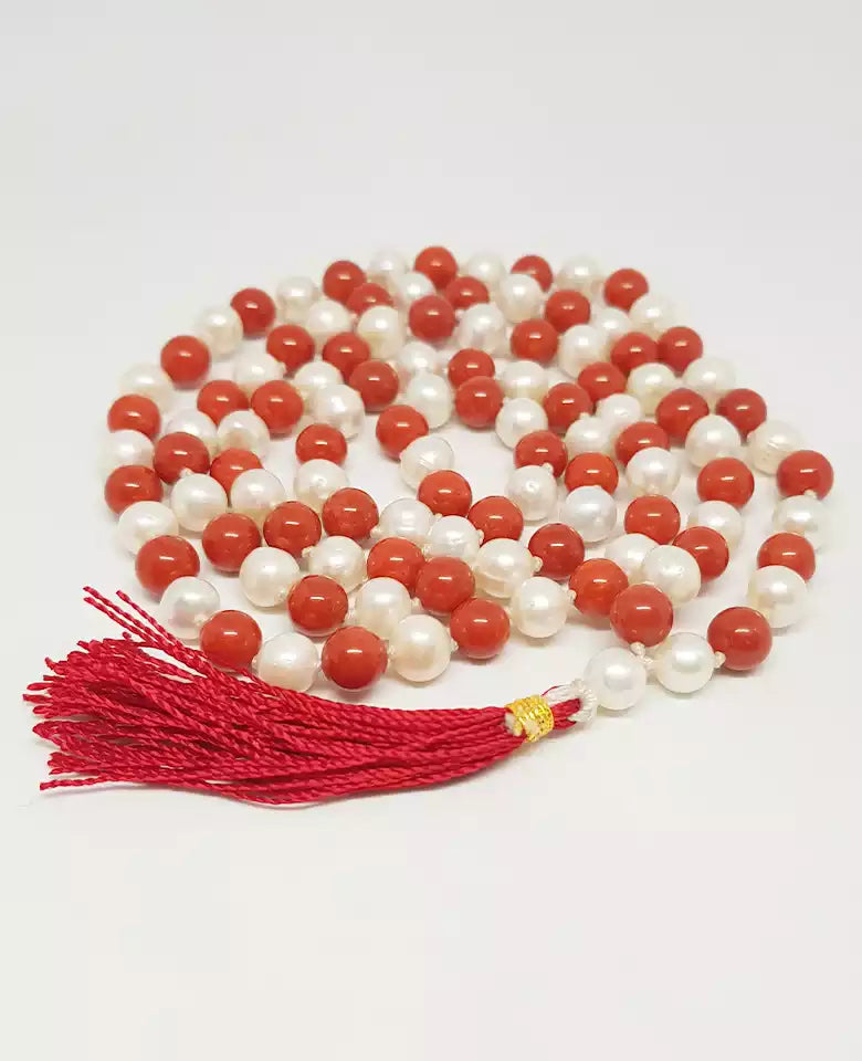 Red Coral and White Pearl Mala