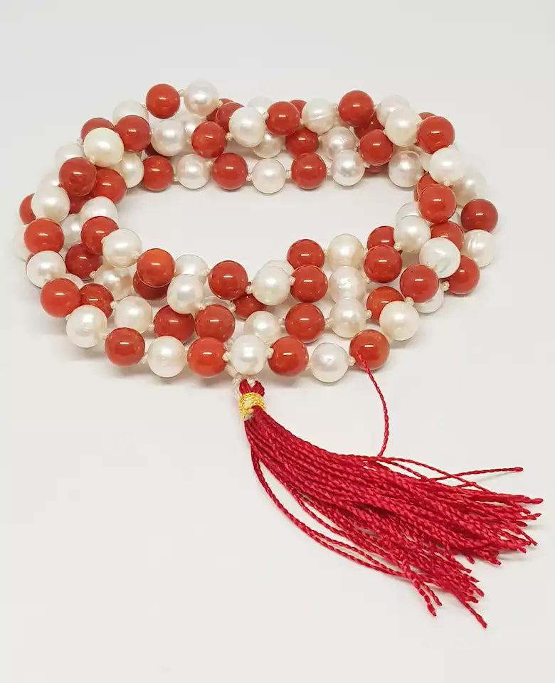 Red Coral and White Pearl Mala