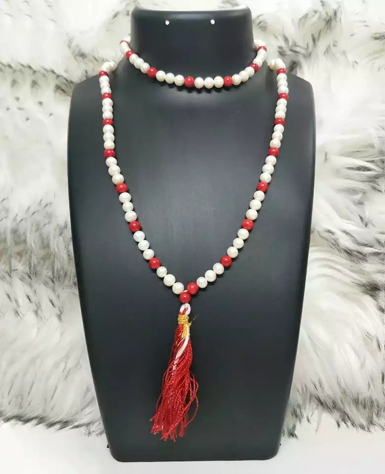 Red Coral and White Pearl Mala